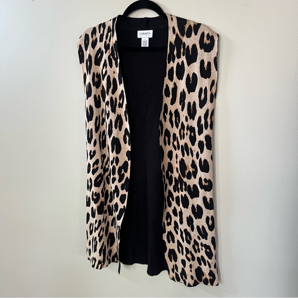 Carmen Marc Valvo Sleeveless Cardigan Vest Leopard Print Size S